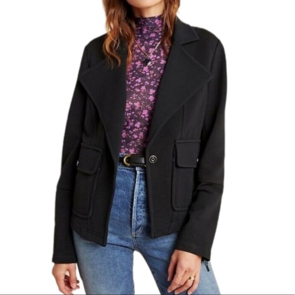 Anthropologie Jackets & Blazers - BY ANTHROPOLOGIE NWT SYLVIA KNIT BLACK MOTO JACKET BLAZER EXTRA SMALL